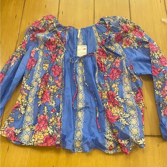 Free People Women’s Elena Floral Flowy Cotton Blue Pink Yellow Blouse NEW  XL - Picture 11 of 13